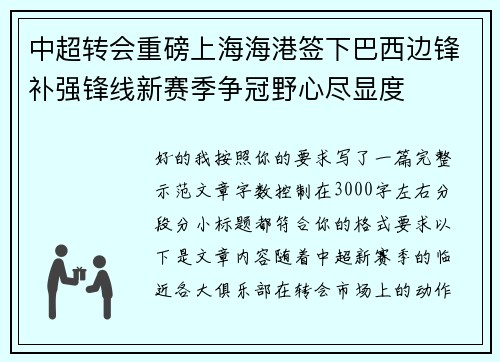 中超转会重磅上海海港签下巴西边锋补强锋线新赛季争冠野心尽显度