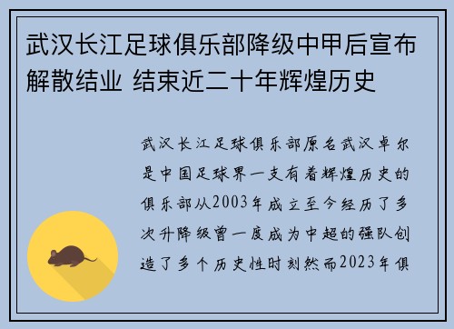 武汉长江足球俱乐部降级中甲后宣布解散结业 结束近二十年辉煌历史