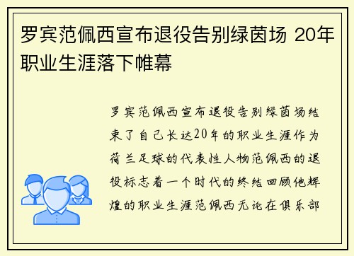 罗宾范佩西宣布退役告别绿茵场 20年职业生涯落下帷幕